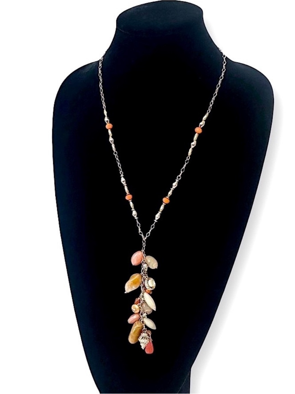 CHICO'S Pink Seashore Shell & Gemstone Lariat silver tone Necklace NEW​